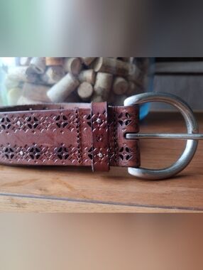 Fossil Brown Leather Belt with Perforated Floral Design